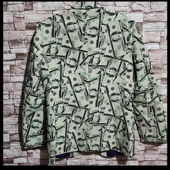 OPPO SUITS SET Stylish Money Print Blazer/ Pant  Green and Black - Picture 5 of 15